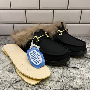 Hey Dude Men 11 Wally Slip Loafer Market Black Gold Horsebit Faux Fur Streetwear